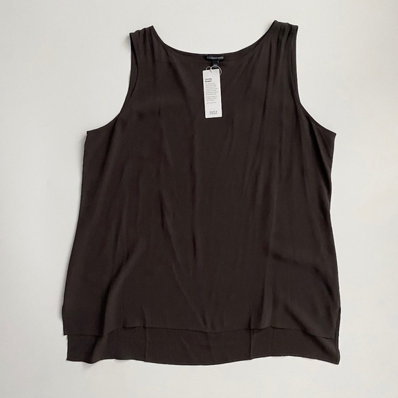 Eileen Fisher Bateau Neck Long Shell Tank 100% Silk w/ Side Slit Nwt Espresso XL